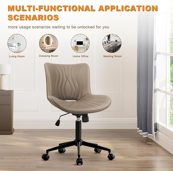 Office Chair, Armless Desk Chair with Wheels, Ergonomic Comfy Home Office Computer Task Chairs,Faux Leather Padded Cute Vanity Chair, Adjustable Height Swivel Chair with Back, Khaki