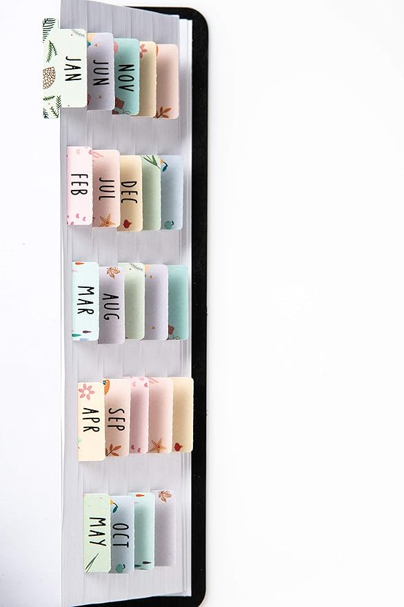 DiverseBee Laminated Planner Monthly Tabs, 24 Peel and Stick Tabs for Notebooks (12 Month Tabs and 12 Blank Tabs), Calendar Monthly Tab Stickers/Dividers (Assorted), Medium