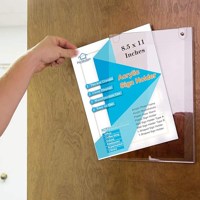 PecMuikee Acrylic Sign Holder 8.5x11, Wall Mount Acrylic Sign Holder and Plastic Paper Display Ad Frame bonus with 3M Tape and Mounting Screws for Restaurants, Office, Market, Library, Store, 2 Pcs