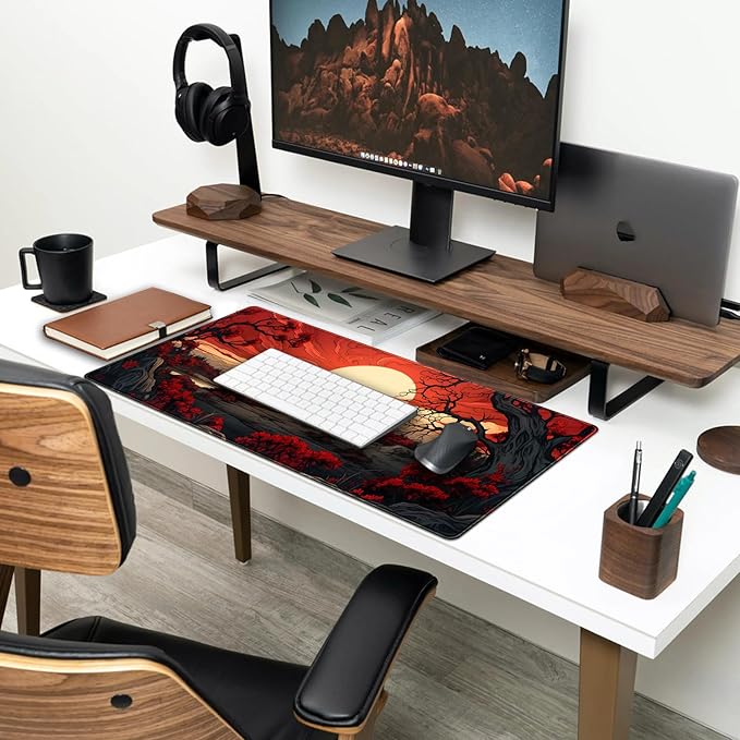 Red and Black Mouse Pad Japanese Mouse Pad XL Black Anime Big Mouse Pads for Desk Large Gaming Large Mouse Pad for Men Desk Pad with Stitched Edges Non-Slip Large Computer Mat, 31.5x15.7 in.