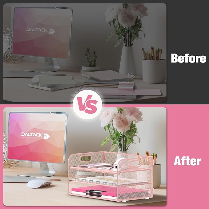 Daltack 3-Tier Paper Organizer with Handle, Mesh Desk Organizer Letter Tray, Paper Tray Organizer File Organizer for A4 File Folder, Pink
