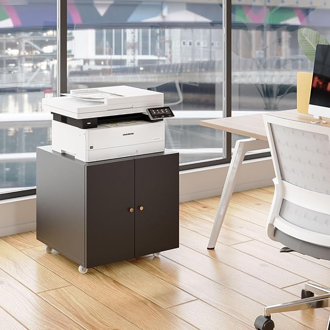 Printer Stand with Storage, 3D Heavy Duty Printer Table with Shelves, Large Printer Table for Home Office, Black Printer Stand on Wheels with Doors, Metal Fax Machine Stand for Workplace
