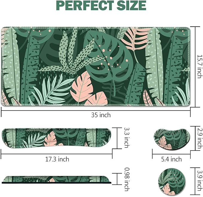 AIMSA Large Gaming Mouse Pad Set, Keyboard Wrist Rest Support Mouse Pad, Ergonomic Memory Foam Multifunctional Extended Desk Mat 35x15.7in Anti-Slip Rubber Base for Office Home, Pink Green Leaves