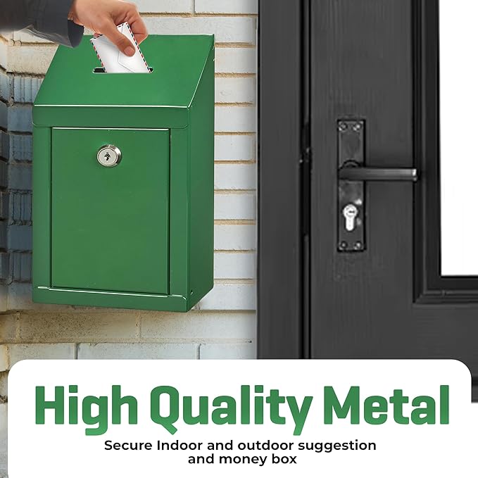 Metal Donation Box-Suggestion Box with Slot and lock-Cash Lock box for Money-Secure Drop Box-Comment and ballot voting box-comes with pre-drilled holes for easy wall mounting 10 X 6 X 2.5"(Green)