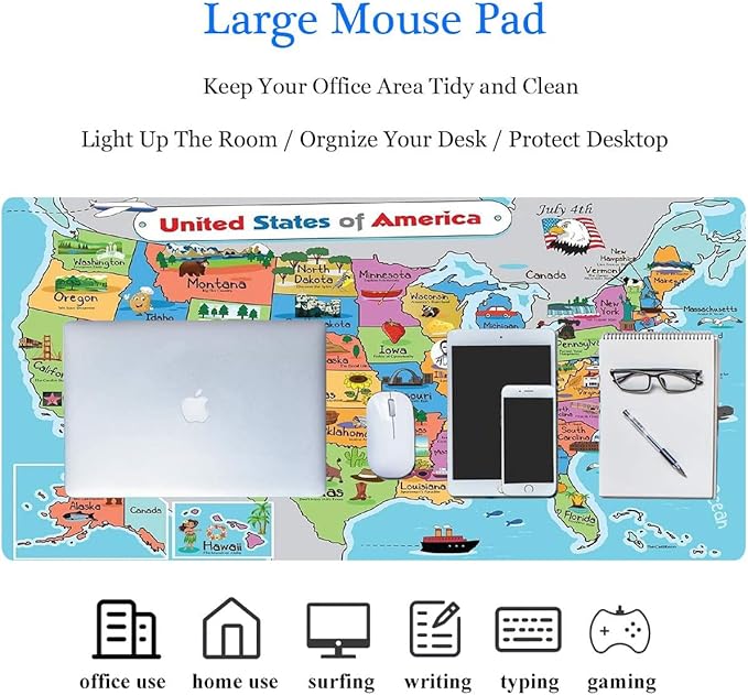 RTGGSEL 31.5x11.8 Inch Non-Slip Long Extended Large Gaming Mouse Pad with Stitched Edges XL Laptops Keyboard Mouse Mat(American Map)