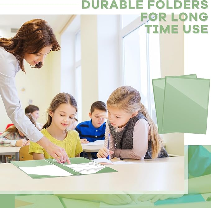 Henoyso 48 Pcs Plastic Folder with Clear Front Pocket and 3 Prongs Heavy Duty Plastic Folders with Card Slot Pocket Folders with Prongs for School Office Home(Sage Green)