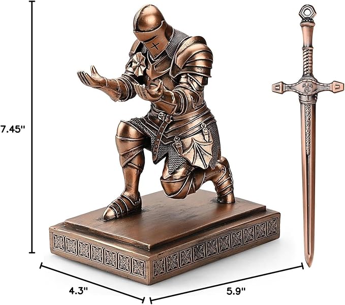 Medieval Armored Warrior Knight Pen Holder Desk Organizers and Accessories Resin Pencil Holder Paperweight as Gift with a Cool Letter Opener for Desk (Copper)