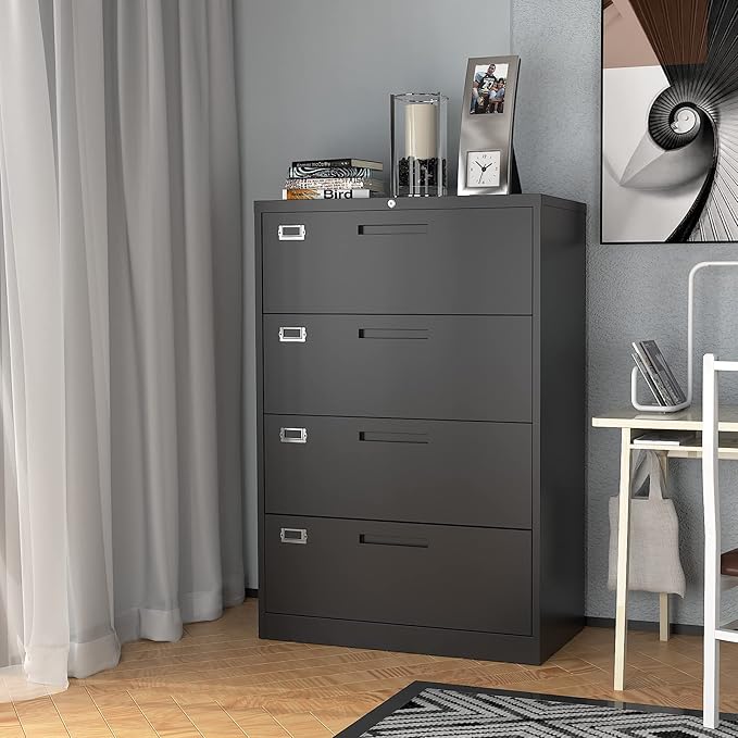 Lateral File Cabinet with Lock, 4 Drawer Large Metal Filing Cabinet,Home Office Lockable Storage Cabinet for Hanging Files Letter/Legal/F4/A4 Size-Assembly Required