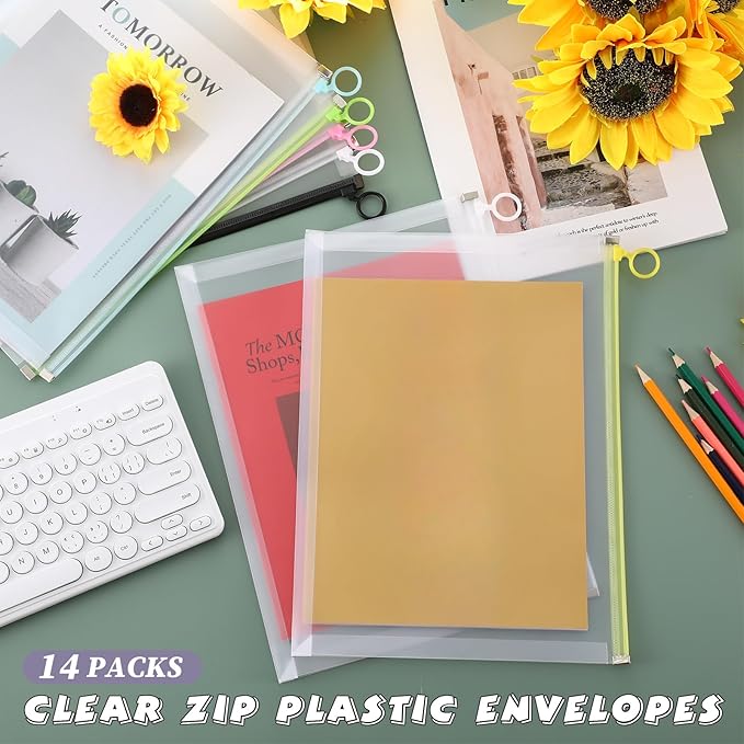 Yexiya 14 Pcs Back to School Clear Plastic Zip Envelope A4 Zipper Document Folder 13 x 9.7In File Folder Expanding Envelope Pouch for Paper Pencil Storage Office Supplies (Stylish Colors)