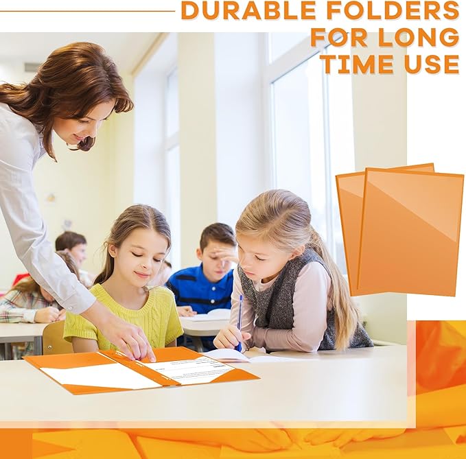 Henoyso 72 Pcs Plastic Folder with Clear Front Pocket and 3 Prong Plastic Folders with Card Slot Pocket Folders with Prongs for School Office (Orange)