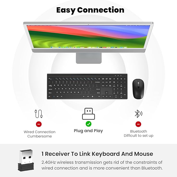 cimetech Wireless Keyboard and Mouse Combo, 2.4G USB Full Size Wireless Computer Keyboard and Adjustable Mouse for Computer/Laptop/PC/Mac/Windows - Black
