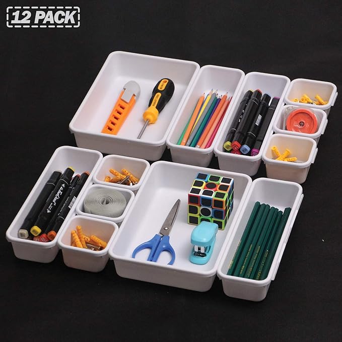Set of 12 Interlocking Desk Drawer Organizer Tray Dividers Plastic Shallow Narrow Drawers Organizers Separators Storage Bins Container for Kitchen Bathroom Makeup Office Vanity Bedroom Dresser White