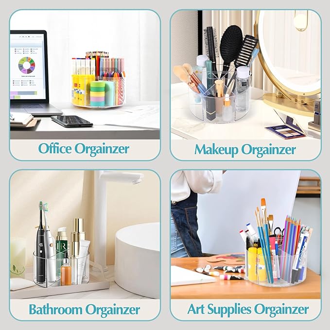 Large Acrylic Pen Holder for Desk, 6 Slots 360-Degree Rotating Pencil Holder Marker Organizer for Kids, Caddy Art Supply Organizer Crayon Organizers for Office School