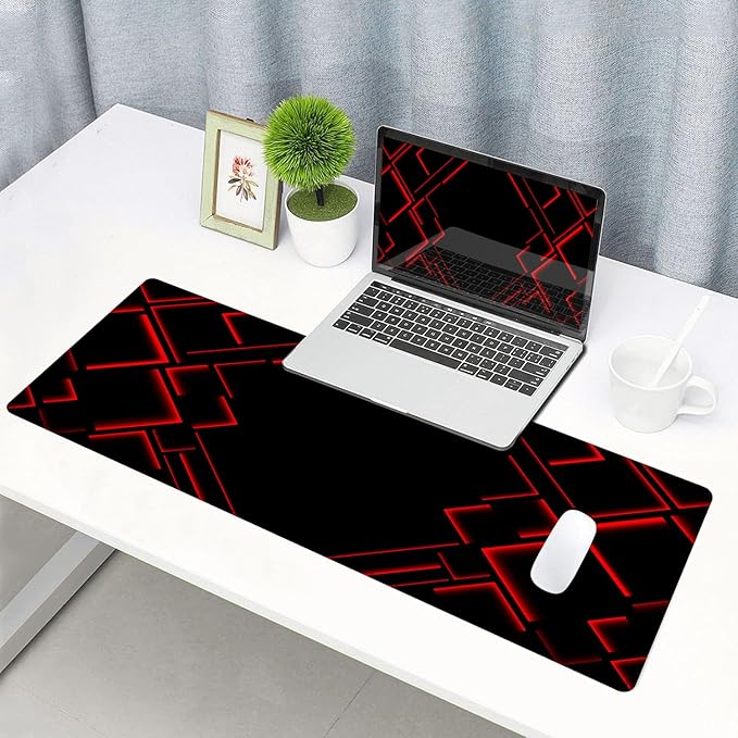 Large Mouse Pad Gaming, Black Extended Mousepad with Stitched Edges, Non-Slip Rubber Base Keyboard Mouse Mat Desk Pad for Work, Game, Office, Home, 31.5 x 11.8 in, Red Ray