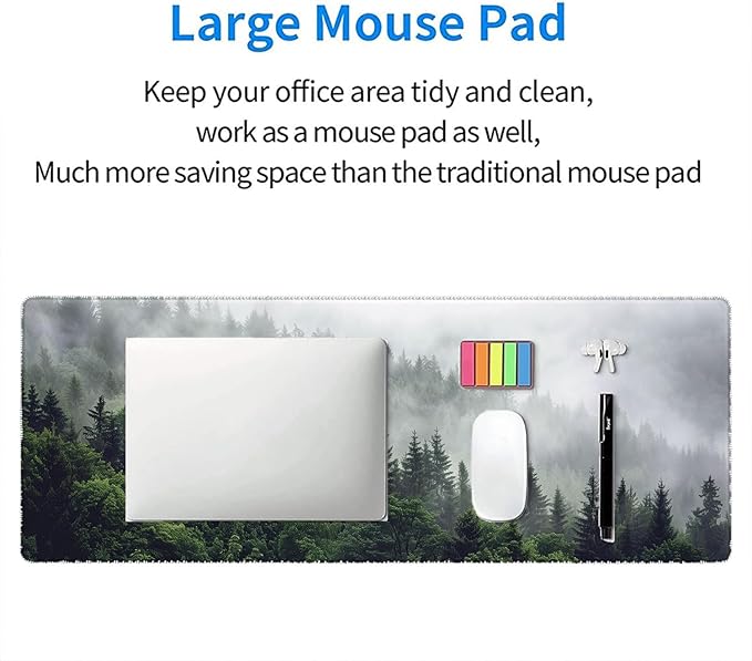 Misty Forest Gaming Mouse Pad Desk Pad Nature Fir Tree Woodland Large Gaming Mouse Mat with Stitched Edges,Non-Slip Waterproof Rubber Base Mous Mat Office Computer Keyboard Laptop Home 31.5"x11.8"