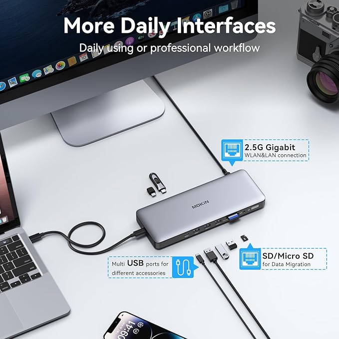 MOKiN Thunderbolt 4 Dock - 16 Ports, USB C Docking Station 3 Monitors for Laptop with 2*Thunderbolt 4 Port, 96W Charger, 2.5Gbps Ethernet for Dell, HP, Lenovo, MacBook(Intel Thunderbolt™ Certified)