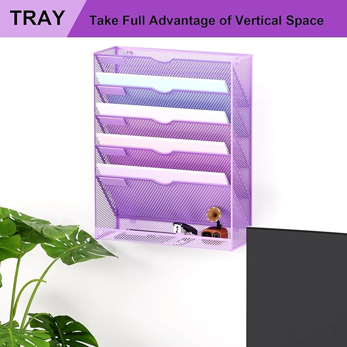 Hanging Wall File Organizer 6 Tier Wall Mounted Mail Paper Folder Holder Document Organization Stand, Vertical Desk Magazine Rack for Office Home Cubicle Countertop, Light Purple