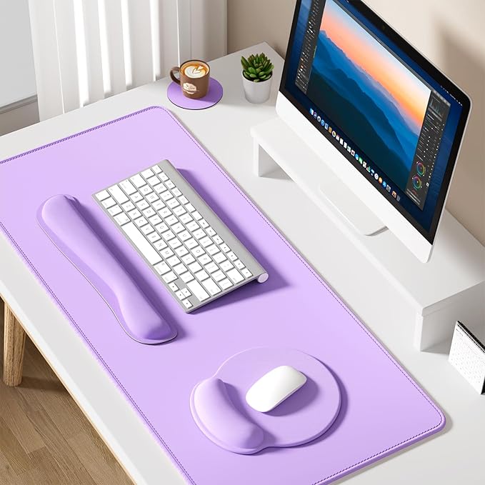 Dapesuom Large Gaming Mouse Pad, Mouse Pads with Wrist Rest Wrist Support, 4in1 Big XXL Desk Mat Desk Pad + Ergonomic Mousepad + Memory Foam Keyboard Mat Wrist Rest + Coaster Set for Computer, Purple