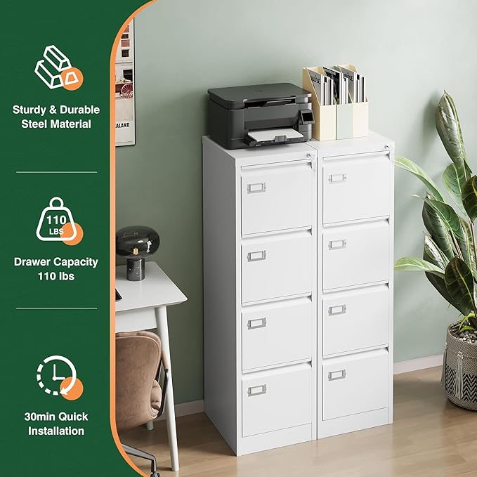 Letaya 4 Drawer File Cabinet with Lock,Metal Office Filing Cabinets for Home Office- Storage A4/F4/Letter/Legal -Assembly Required (White)