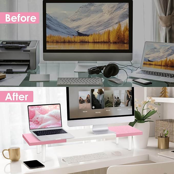 Dual-Monitor-Stand-Riser-For-Desk Adjustable Length 32-40 Inch,Large Desktop Computer Monitor Riser For 2 Screens,Desk Shelf Organizer Riser Stand For Computer/Laptop/PC/Printer/TV