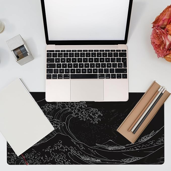Desk Mat, Black Japanese Sea Wave Desk Pad, Extended Big Computer Keyboard Mouse Pad with Non-Slip Base and Stitched Edge, 35.4"x15.7"