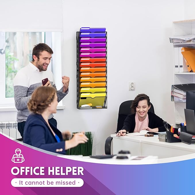 15-Tier Wall File Organizer, Hanging Wall File Holder for Papers, Folders, Magazines, Mesh Mail Holder Magazine Rack for Office Home Classroom, Black