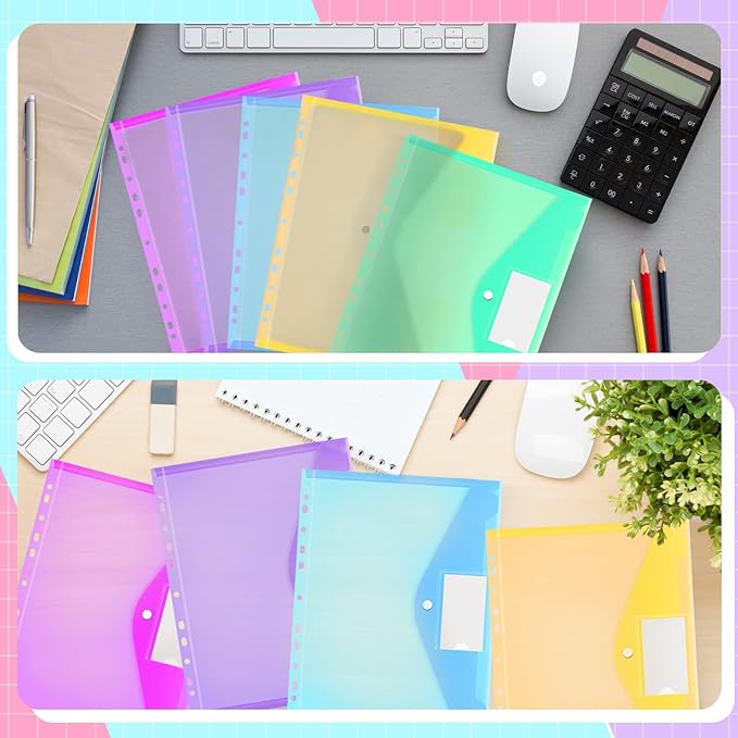 Fuutreo 50 Pcs Binder Pockets for 3 Ring Plastic Envelopes Pocket Folders 11 Hole Snap Button Binder Pouch with Label Expandable Organizer for 2/3/4 Ring