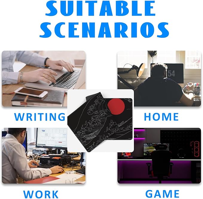 Desk Mat, Black Japanese Style Wave and Red Sun Extended Gaming Mouse Pad Large, 35.4"x15.7" Big Mouse Pad with Non-Slip Base and Stitched Edge, Long Computer Keyboard Mouse Mat for Home Office Work