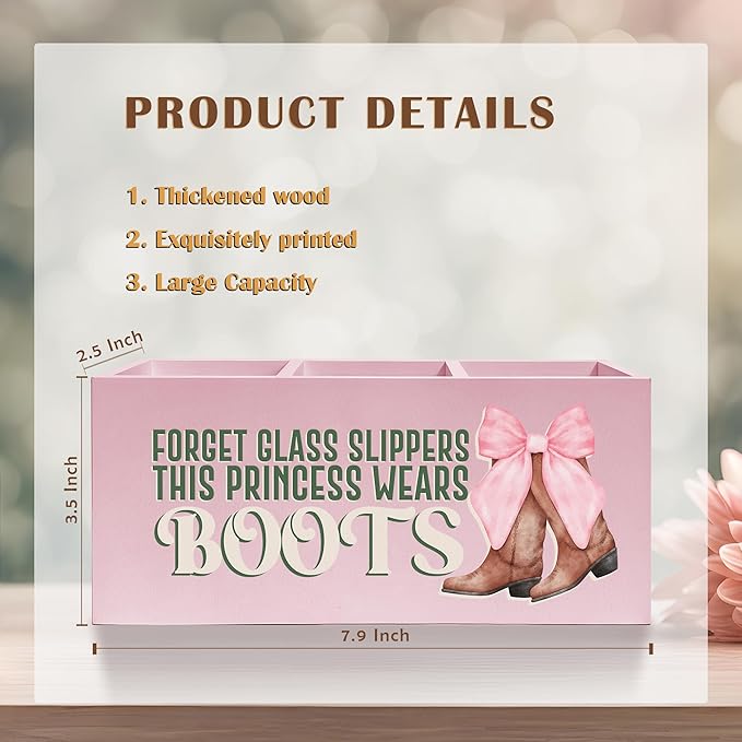 Coquette Pink Bow Cowgirl Makeup Brush Toothbrush Holder, Cowgirl Gifts, Pink Western Wooden Pen Pencil Holder Organizer for Home Office Desk Accessories, Western Gifts for Women