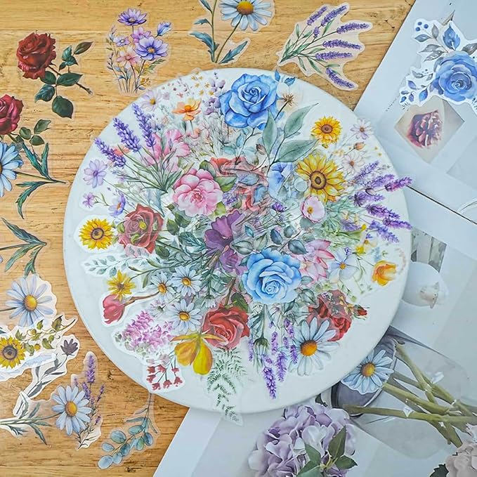 100 Pcs Natural Flower Stickers for Scrapbooking Junk Journal Notebook Planner Card Making Collage Envelope Water Bottle Phone Case Craft, Rose, Daisy, Lavender, Sunflower, Wildflower Stickers