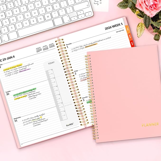 SUNEE 2026 Weekly and Monthly Planner - from January 2026 - December 2026, 8.5"x11" Daily Agenda Planner with Monthly Tab, Flexible Cover, Note Pages, Pockets, Bookmark, Spiral Binding, Pink