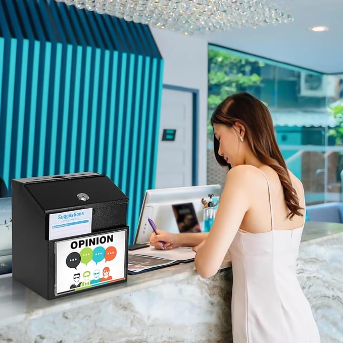 xydled Suggestion Box with Key Lock Magnetic Acrylic Sign Holder, Metal Donation Ballot Drop Box with Slot Tip Jar for Office, Fundraising, Church, School, 8.1'' x 7.1'' x 5.7'', Black