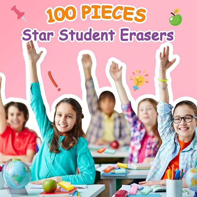 100 Pcs Star Student Erasers Bulk for Kids Back to School Pencil Erasers Fun Inspirational School Supplies for Students Classroom Office Teacher Award Gifts