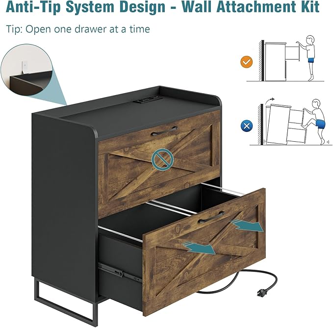 Lateral File Cabinet 2 Drawers File Cabinet with Charging Station, Modern Farmhouse Large Wood Home Office Furniture, Rustic Brown and Black