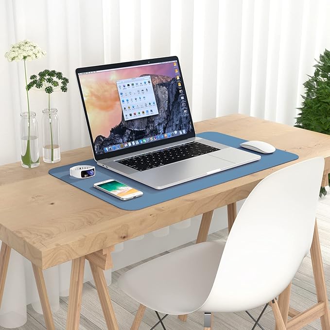 Hsurbtra Desk Pad, 23.6" x 13.8" PU Leather Desk Mat, M Extended Mouse Pad, Waterproof Desktop Blotter Protector, Non-Slip Ultra Thin Small Laptop Keyboard Writing Mat for Office Home, Dark Blue
