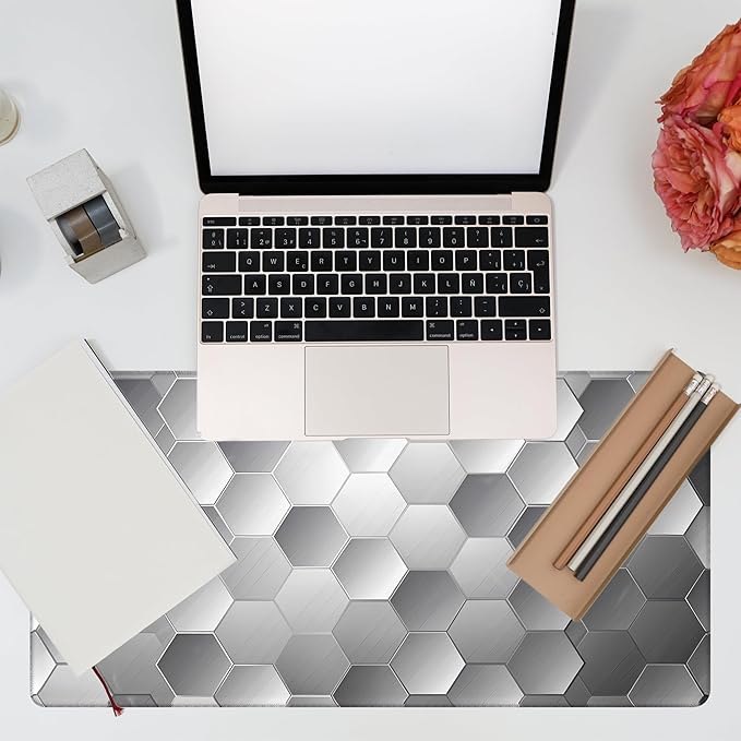 Large Gaming Mouse Pad for Desk, Silver Technology Honeycomb Desk Mat, Sci-Fi Honeycomb Desk Pad, 31.5"x15.7" Extended Big Computer Keyboard Mouse Pad with Non-Slip Base and Stitched Edge