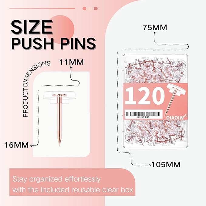 120 PCS Flat Rose Gold Push Pins for Wall Thumb Tacks for Walls Flat thumbtacks Push pin for Bulletin Board Shadow Box Display Thumbtack for Cork Board