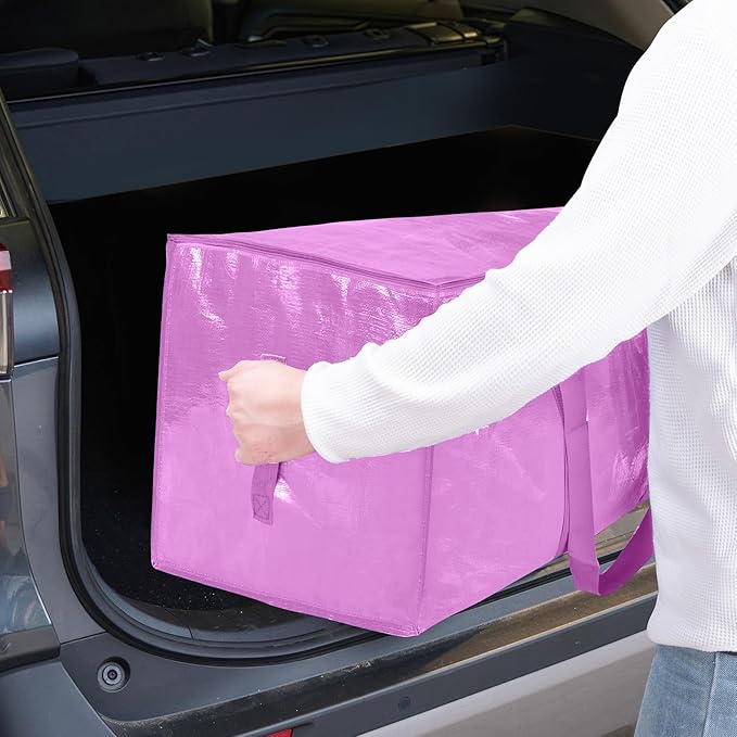 TICONN 4 Pack Extra Large Moving Bags with Zippers & Carrying Handles, Heavy-Duty Storage Tote Moving Boxes for Space Saving (4 Pack, Pink)