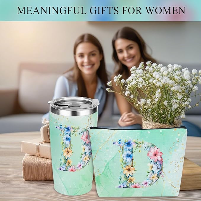 Personalized Gifts Monogrammed Birthday Gifts for Women, Boss Teacher Appreciation Christmas Initial 20 oz Tumbler, Makeup Bag Cup Ballpoint Pens Journal Notebook 6 Set, (Aesthetic Green Flower D)