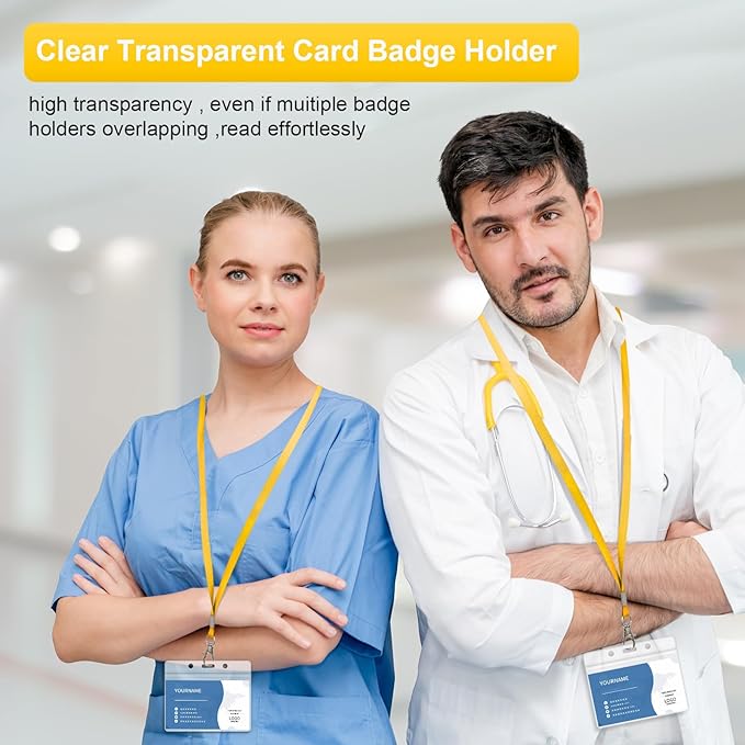 100 Pack Lanyards for ID Badges with Clear Name Tags, Reusable Lanyards Horizontal ID Card Badge Holders Plastic Name Badges for Men Women Kids Business School and Office Supplies (Yellow)