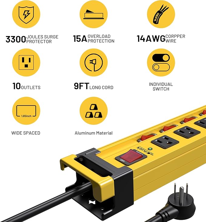 Power Strip 10 Outlet,3300J Surge Protector with Individual Switches,9FT Cord 14AWG/15AMP/1875W,Metal Heavy Duty Power Strip with Cord Manager,for Workshop,Garage,Shop,Home