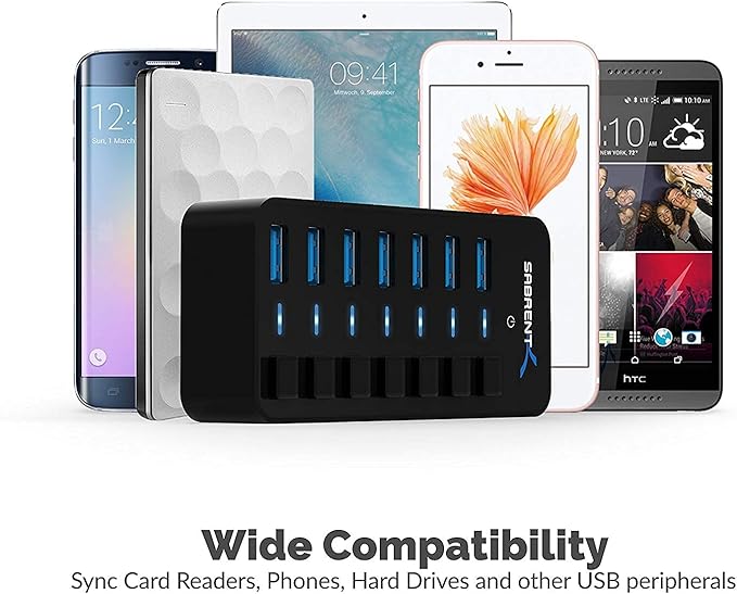 SABRENT 36W 7 Port USB 3.0 Hub with Individual Power Switches and LEDs Includes 36W 12V/3A Power Adapter (HB-BUP7)