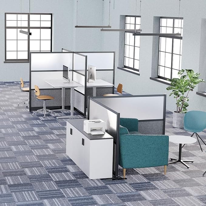 Stand Up Desk Store Expanse Modular Wall | 53'' x 70'' Wall | Expandable Partition Room Divider with Rearrangeable Frosted Acrylic & Sound Absorbent Panels (Black Frame)