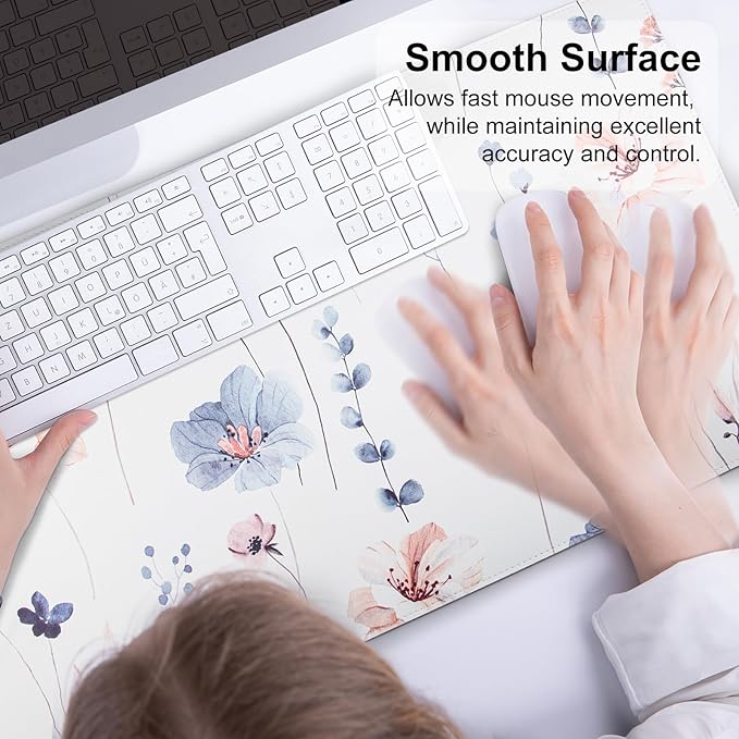 QIYI Large Mouse Pad for Desk, Watercolor Floral Computer Desk Mat for Keyboard and Mouse, Non-Slip Rubber Waterproof Leather Desk Pad, Flowers Gaming Mousepad Office Desk Accessories, 31.5" x15.7"