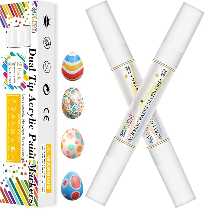Paint Markers Paint Pens - 2 Pack Dual Tip Acrylic Permanent Marker (0.7mm & 3mm), Non-Toxic, Water-Based for Art Painting, Stone, Ceramic, Glass, Wood, Fabric, Metal, DIY Crafts (White)