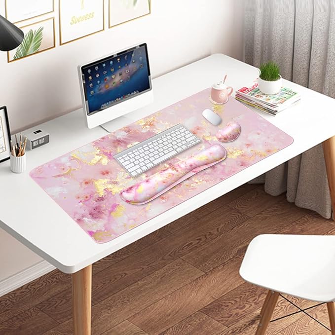 Large Mouse Pad and Keyboard Wrist Rest, Desk Pad for Keyboard and Mouse, 4-in-1 Large Gaming Mouse Pad with Wrist Support, Non-Slip Desk Mat for Home Office Study Game-Pink Gold Marble