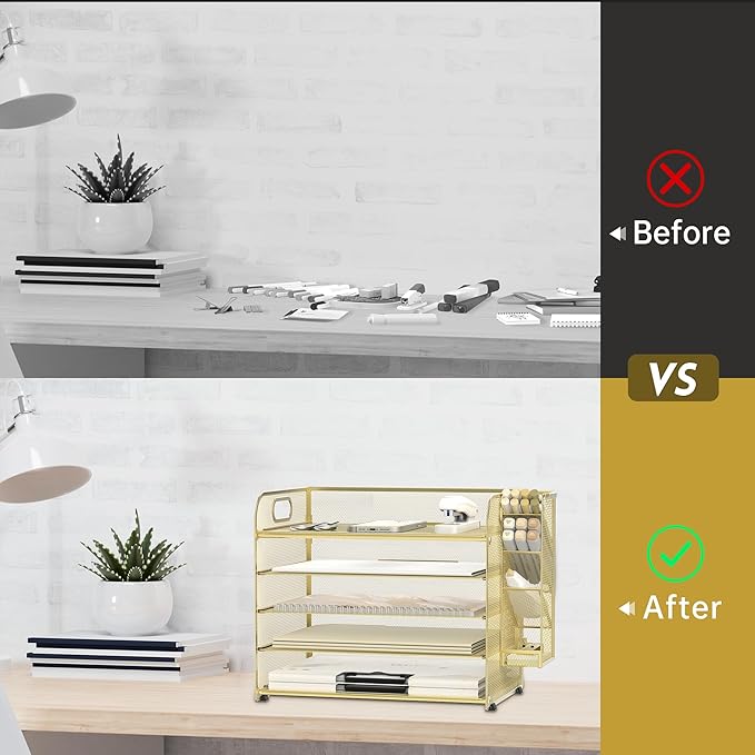SUPEASY 5 Tier Desk Organizer with Handle & Removable Pen Holders, Mesh Paper/File Organizer for Desk, Paper Letter Tray Organizer for Office Supplies, Gold