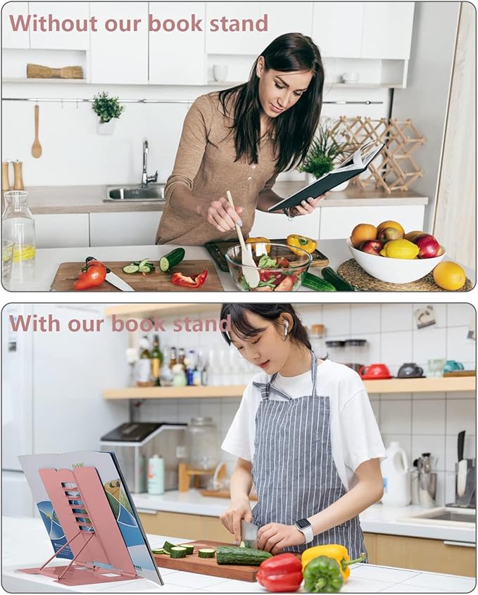 MSDADA Desk Book Stand Holder for Reading, Adjustable Cookbook Stand,Metal Reading Stand for Textbooks Recipes Music Books Tablet, Gifts for Kids Girls 8-12 (Morandi Pink)