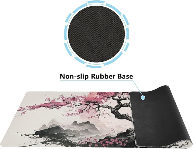 Japanese Art Style XL Mouse Pad - Non-Slip Mouse Pad Protector with Cherry Blossom Sakura Ink Design for Gaming and Work