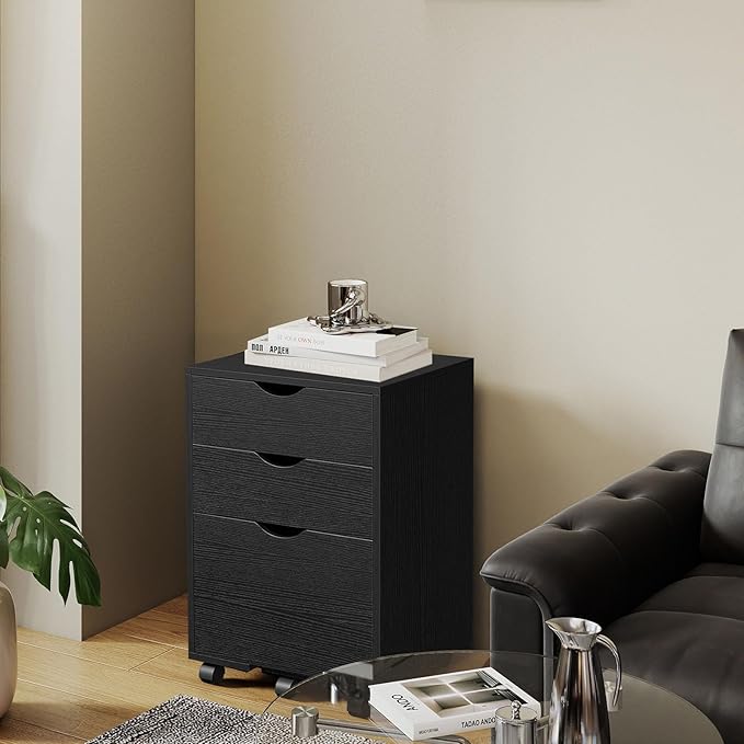 HollyHOME 3-Drawer Wood File Cabinet, Under Desk Cabinet for Home Office, Rolling Storage Shelf for Home, Printer Stand, for A4, Letter-Size Files, 11.8in Hanging File Folders, Black